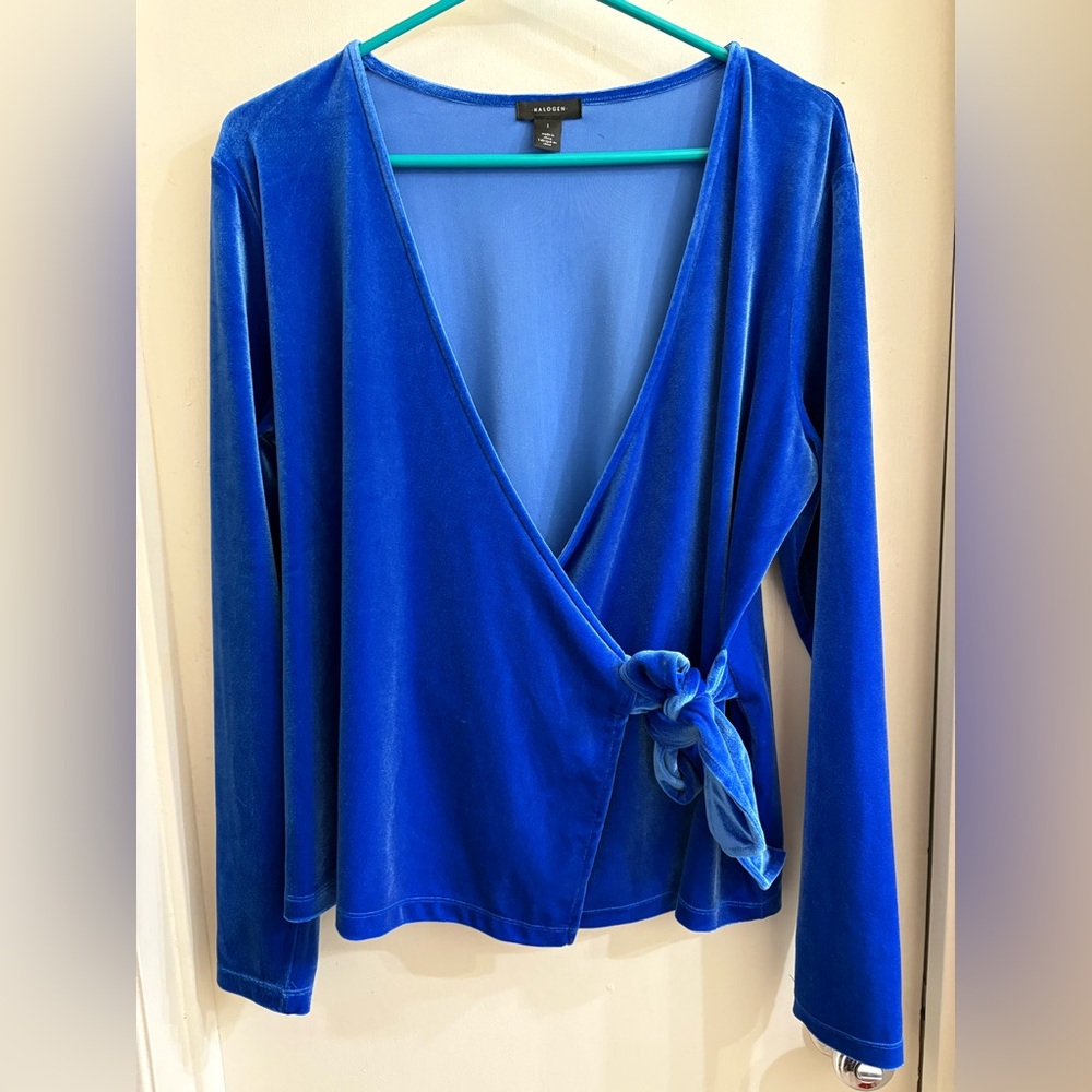 Halogen Velour Royal Blue V Neck Wrap Top